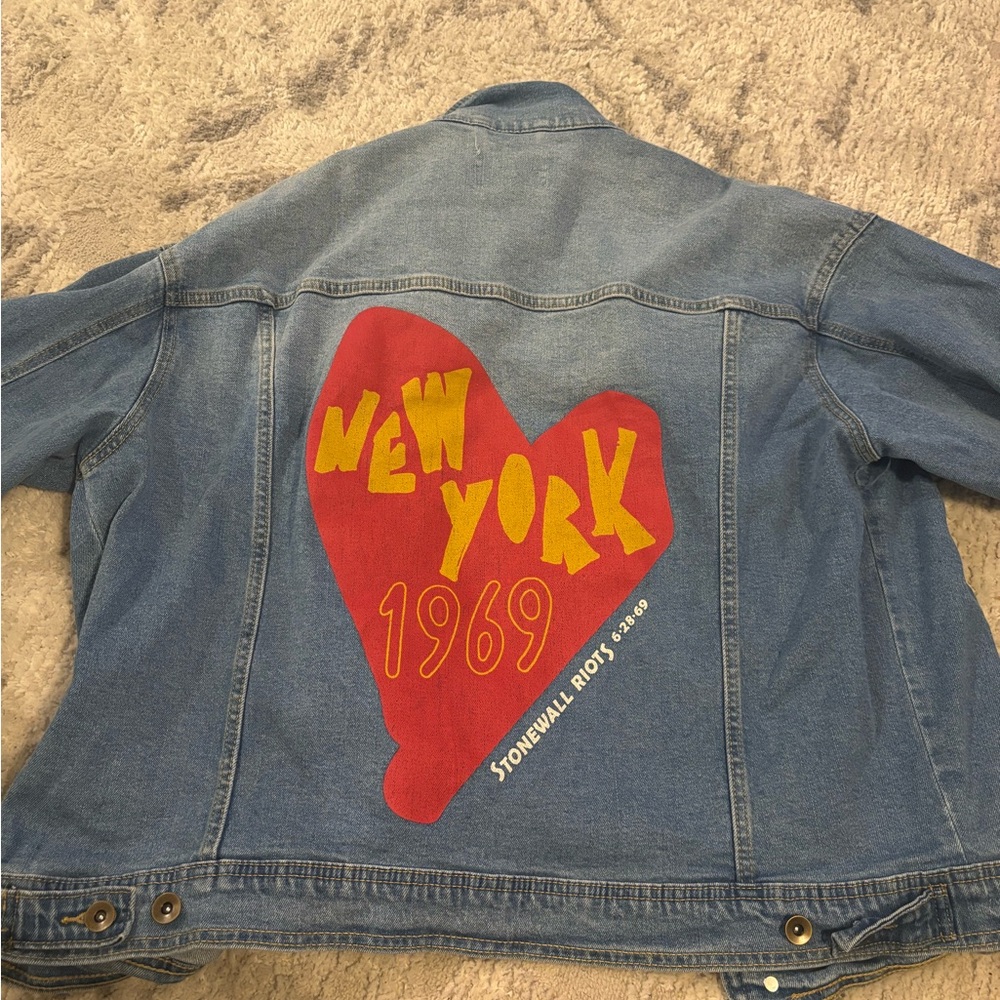 Adidas Blue Denim Jacket with Rainbow Patch